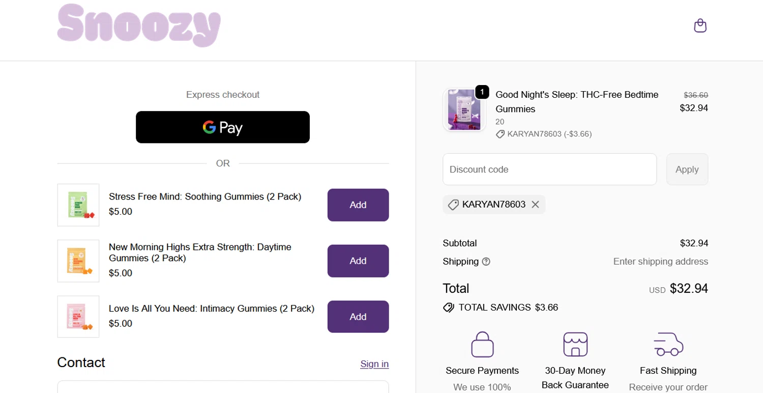 Snoozy Gummy promo code screenshot showing code KARYAN78603 applied at Snoozy Gummy checkout page. Uploaded by SimplyCodes community member karynaRoD on Jun 14, 2026
