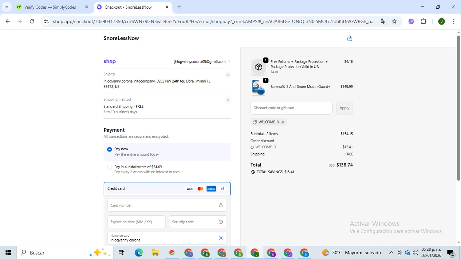 SnoreLessNow checkout page showing SnoreLessNow discount code box | Screenshot taken by SimplyCodes community member on Jan 2, 2026