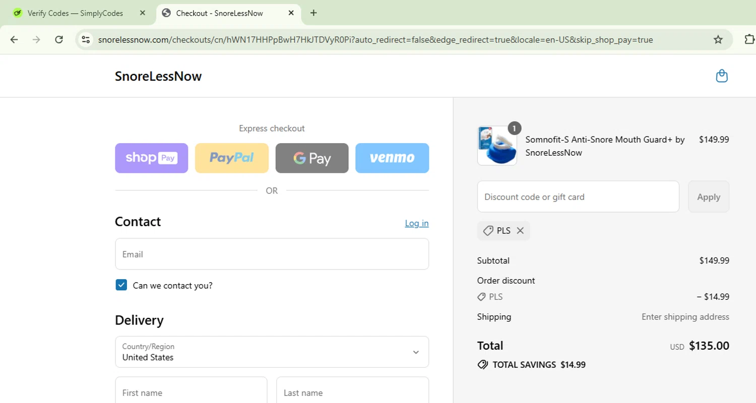 SnoreLessNow discount code screenshot showing code PLS applied at SnoreLessNow checkout page. Uploaded by SimplyCodes community member CoinSage1043 on Jul 27, 2025