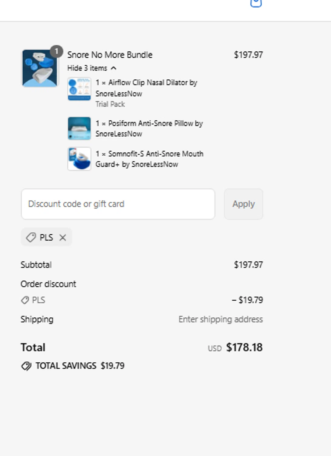 SnoreLessNow discount code screenshot showing code PLS applied at SnoreLessNow checkout page. Uploaded by SimplyCodes community member fjkdjkldsf on Sep 12, 2025