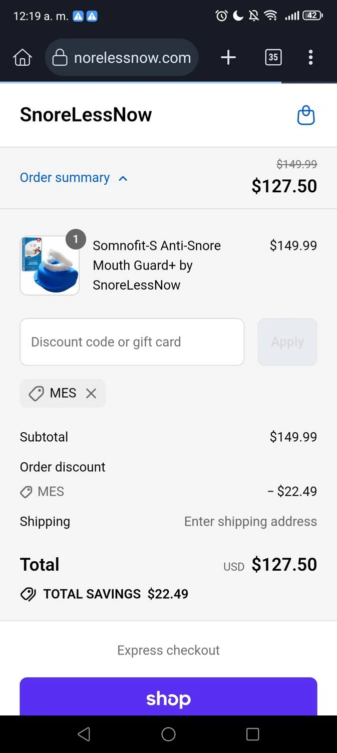 SnoreLessNow discount code screenshot showing code MES applied at SnoreLessNow checkout page. Uploaded by SimplyCodes community member George07 on Aug 31, 2025