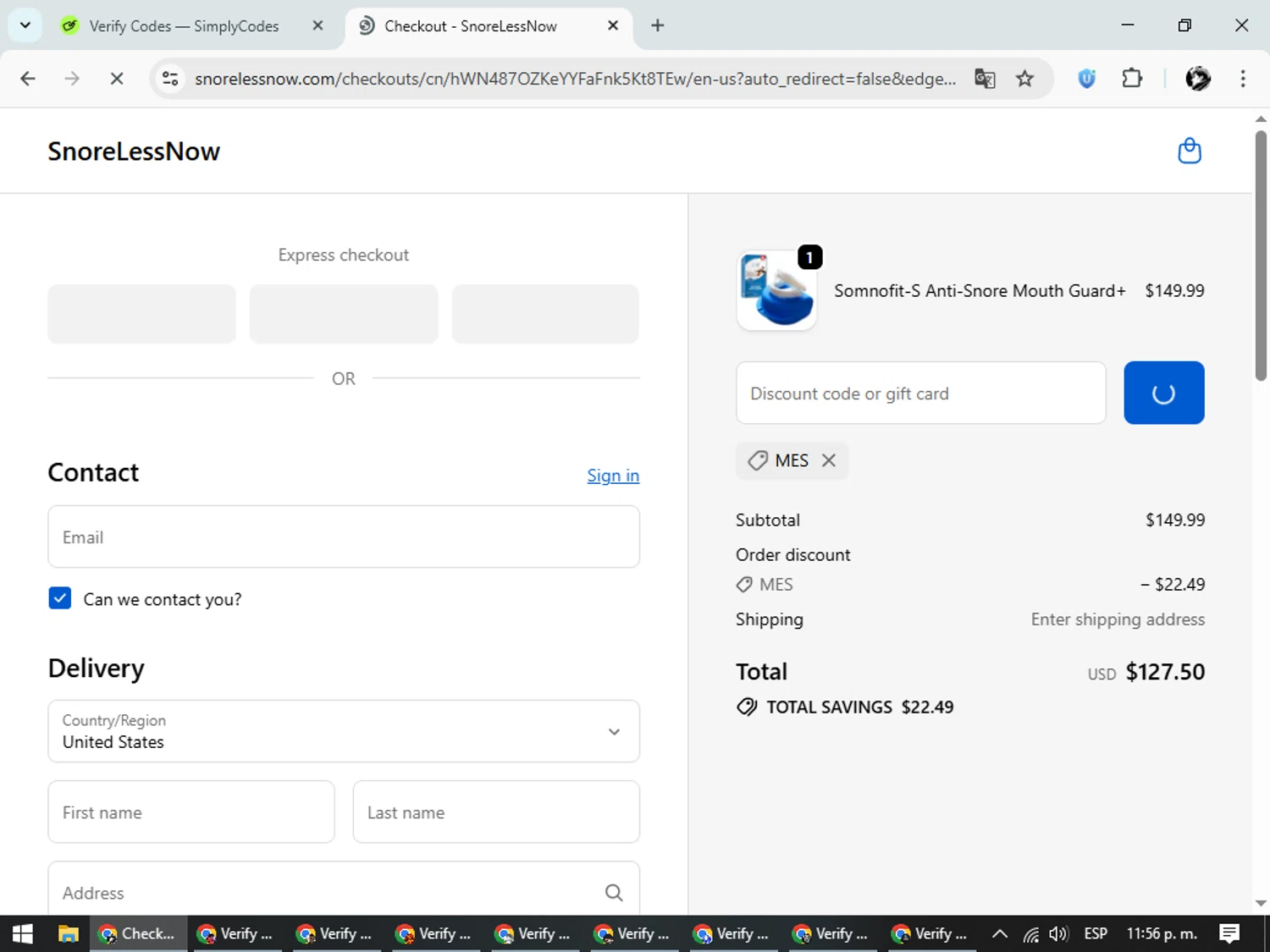 SnoreLessNow discount code screenshot showing code MES applied at SnoreLessNow checkout page. Uploaded by SimplyCodes community member SavvyChaser6563 on Oct 15, 2025