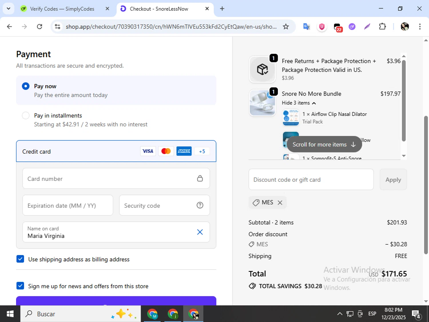 SnoreLessNow discount code screenshot showing code MES applied at SnoreLessNow checkout page. Uploaded by SimplyCodes community member mariapolancog on Dec 24, 2025