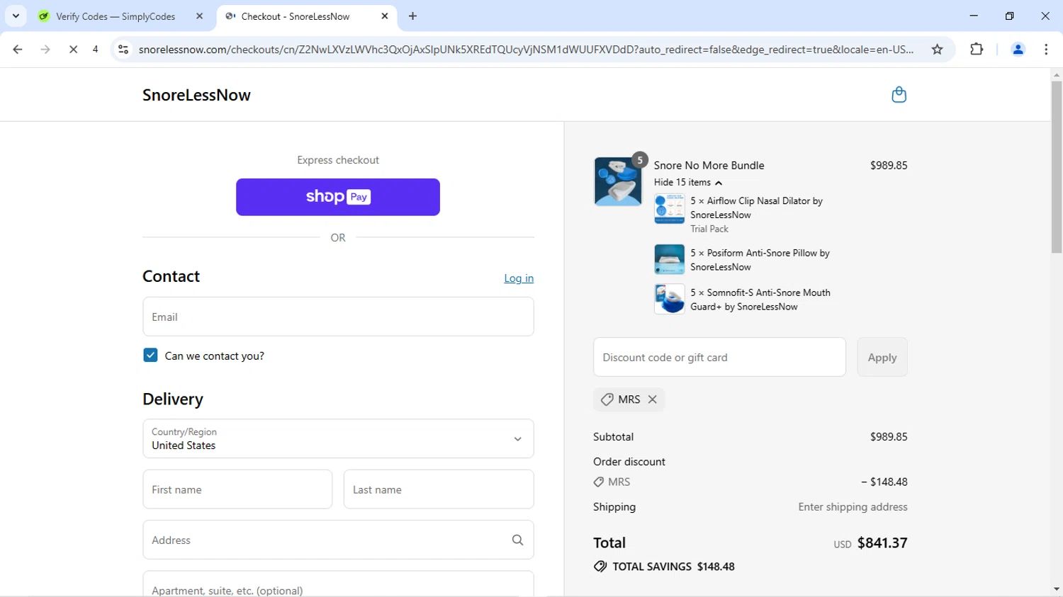 SnoreLessNow discount code screenshot showing code MRS applied at SnoreLessNow checkout page. Uploaded by SimplyCodes community member SofiaVentura on Jul 10, 2025