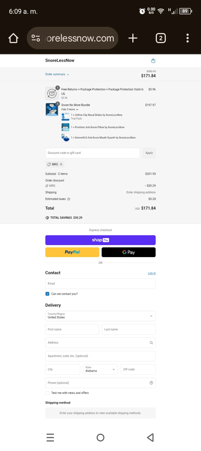 SnoreLessNow discount code screenshot showing code MRS applied at SnoreLessNow checkout page. Uploaded by SimplyCodes community member WladimirV on Jun 26, 2025