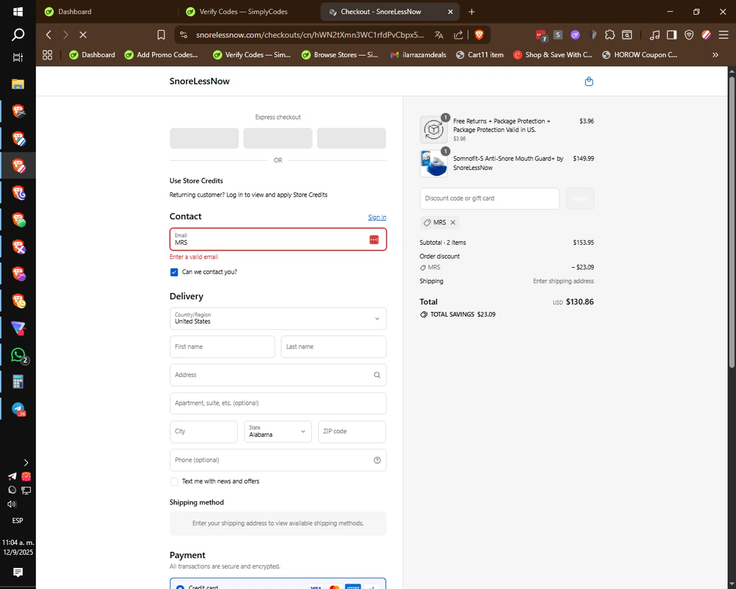 SnoreLessNow discount code screenshot showing code MRS applied at SnoreLessNow checkout page. Uploaded by SimplyCodes community member ilarrazaM3 on Sep 12, 2025