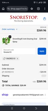 Snores10 coupon verification screenshot