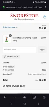 Snores10 coupon verification screenshot