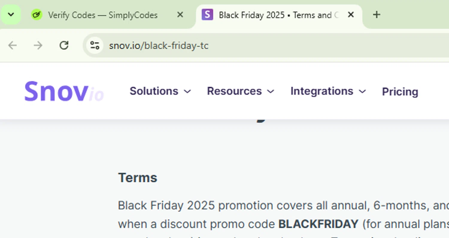 Snovio promo code screenshot showing code BLACKFRIDAY applied at Snovio checkout page. Uploaded by SimplyCodes community member Logoteam on Nov 20, 2025