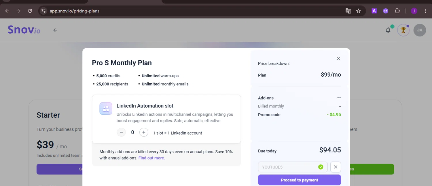 Snovio promo code screenshot showing code YOUTUBE5 applied at Snovio checkout page. Uploaded by SimplyCodes community member CoinMaverick1452 on Dec 28, 2025