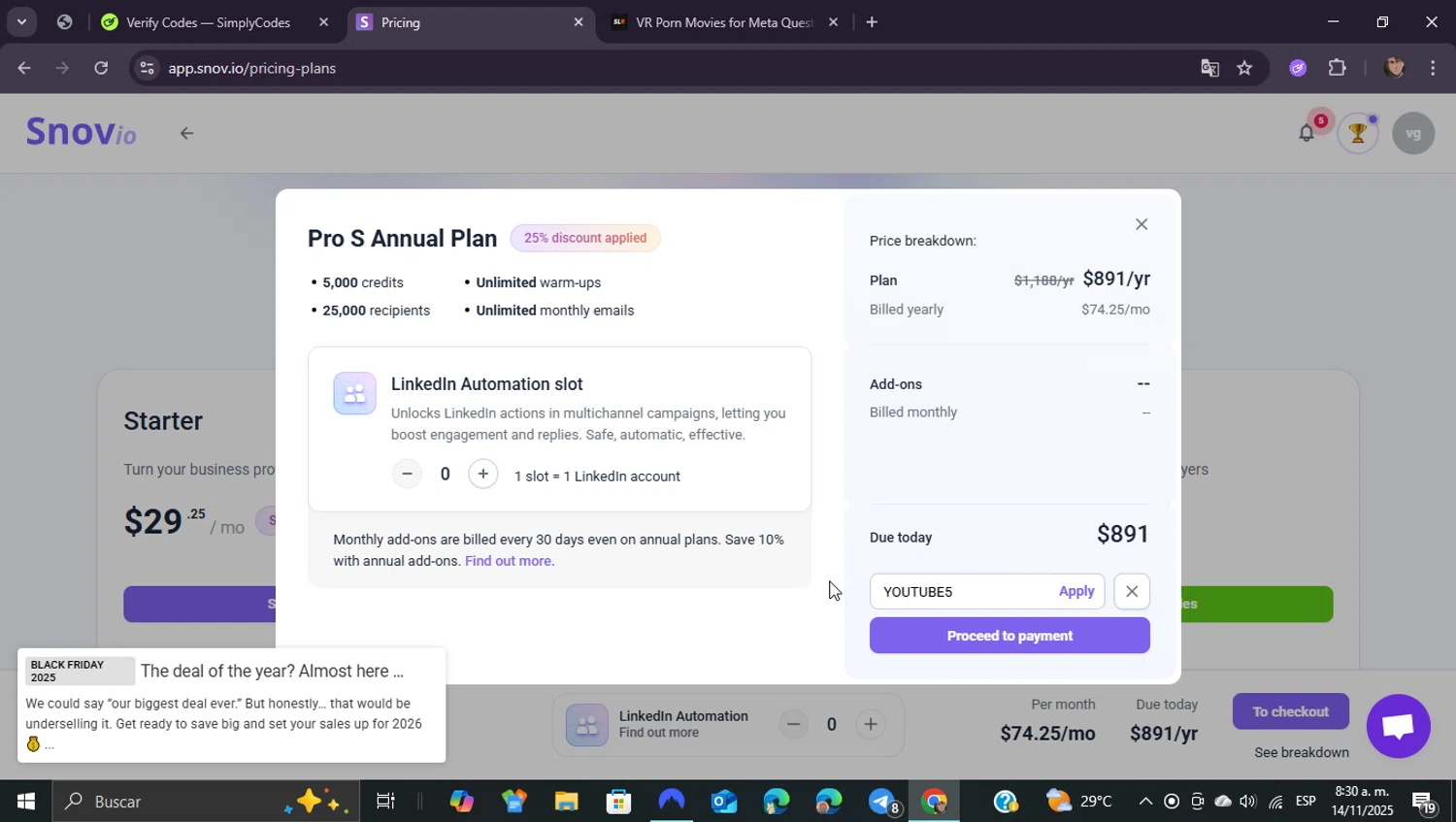 Snovio promo code screenshot showing code YOUTUBE5 applied at Snovio checkout page. Uploaded by SimplyCodes community member ShieldEagle9436 on Nov 14, 2025