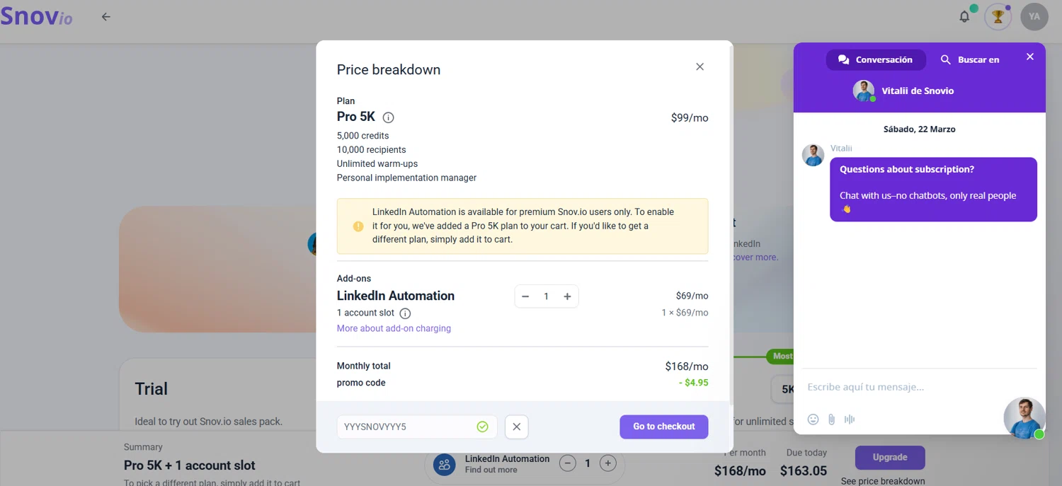 Snovio promo code screenshot showing code YYYSNOVYYY5 applied at Snovio checkout page. Uploaded by SimplyCodes community member ArizaJuan on Mar 22, 2025