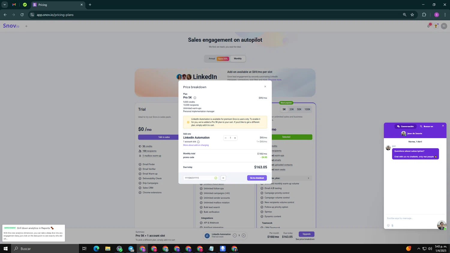 Snovio promo code screenshot showing code YYYSNOVYYY5 applied at Snovio checkout page. Uploaded by SimplyCodes community member tinkle_tinkle on Apr 1, 2025