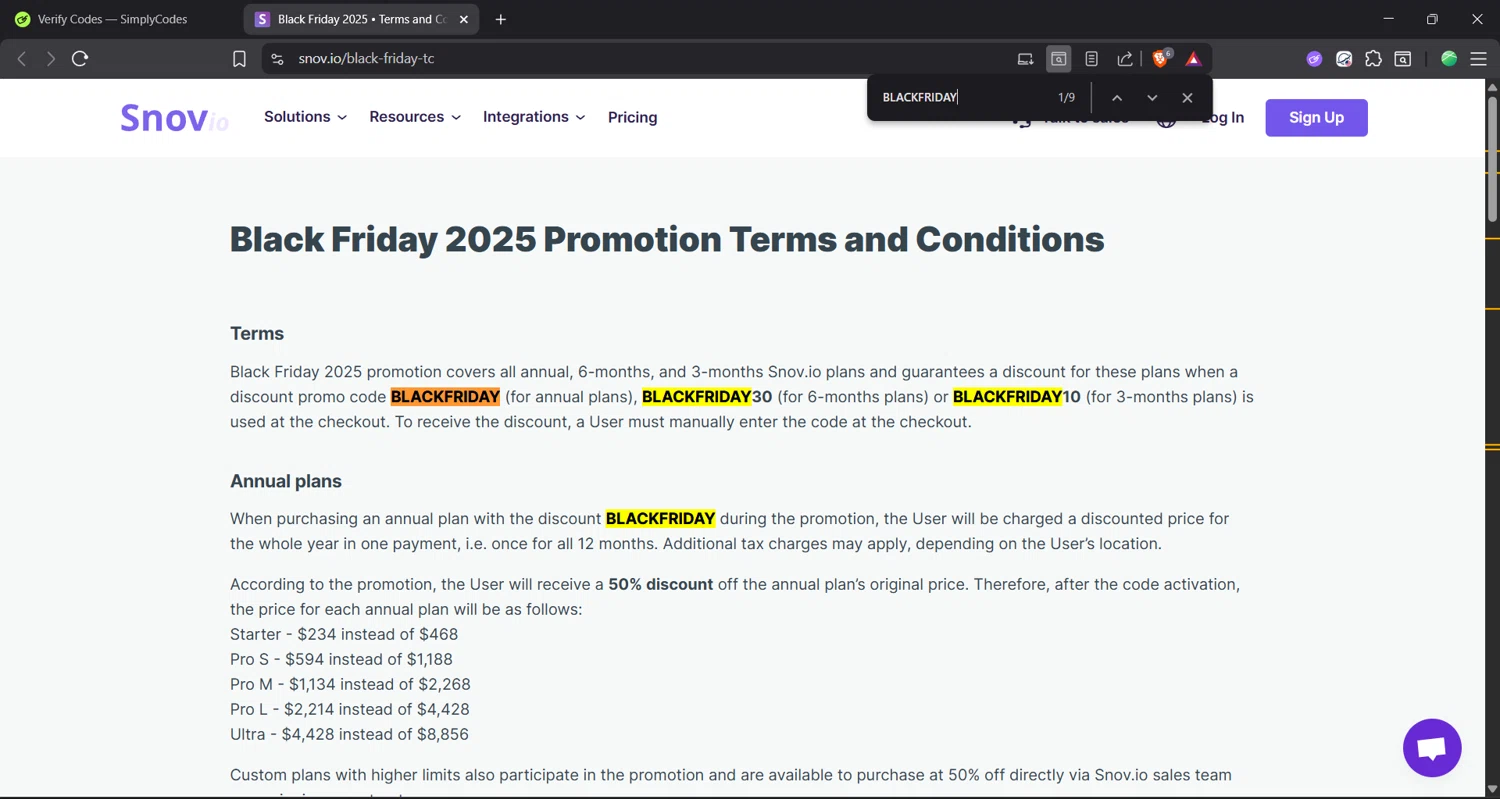 Snovio promo code screenshot showing code BLACKFRIDAY30 applied at Snovio checkout page. Uploaded by SimplyCodes community member Focus_123 on Nov 21, 2025