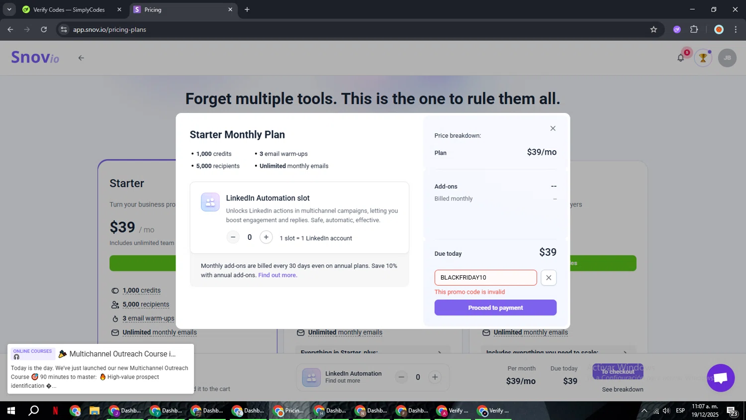 Snovio promo code screenshot showing code BLACKFRIDAY10 applied at Snovio checkout page. Uploaded by SimplyCodes community member BonusCaptain9927 on Dec 19, 2025