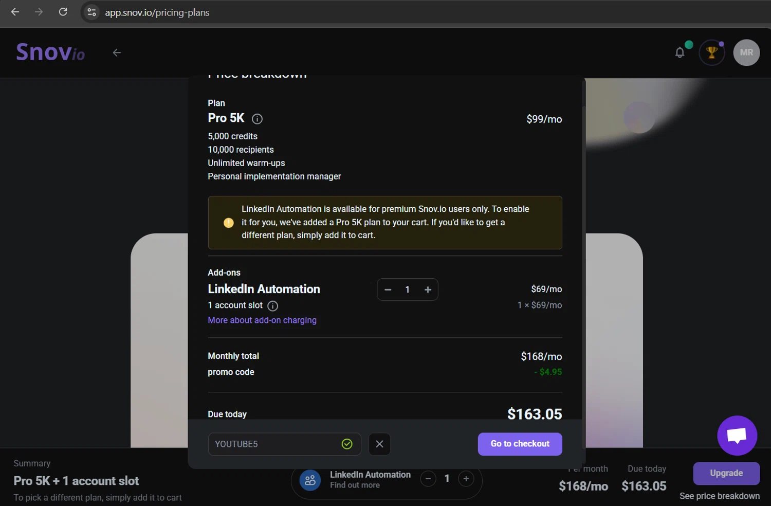 Snovio promo code screenshot showing code YOUTUBE5 applied at Snovio checkout page. Uploaded by SimplyCodes community member ScanHunter7116 on Jul 1, 2025