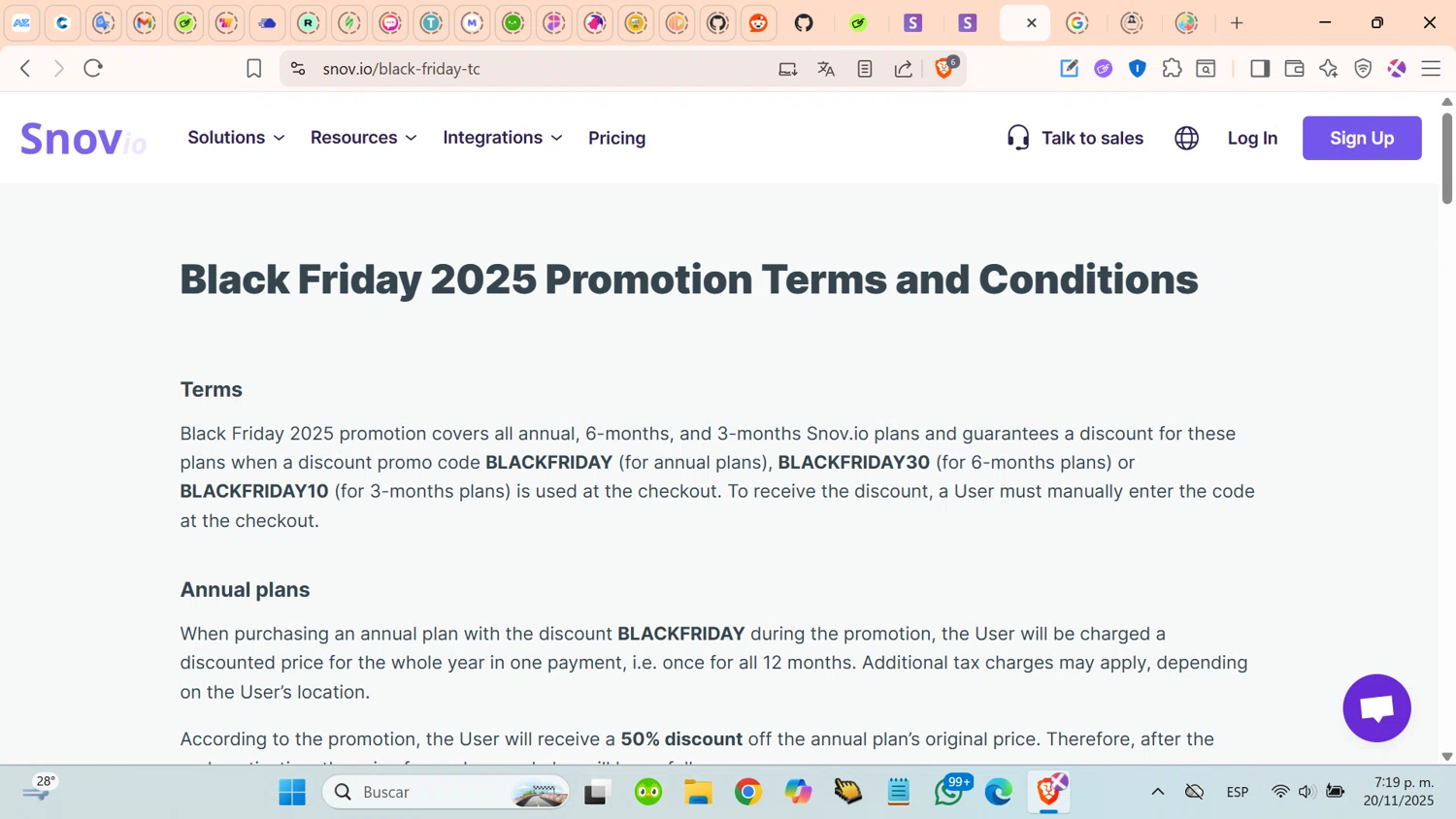 Snovio promo code screenshot showing code BLACKFRIDAY applied at Snovio checkout page. Uploaded by SimplyCodes community member cosita on Nov 20, 2025