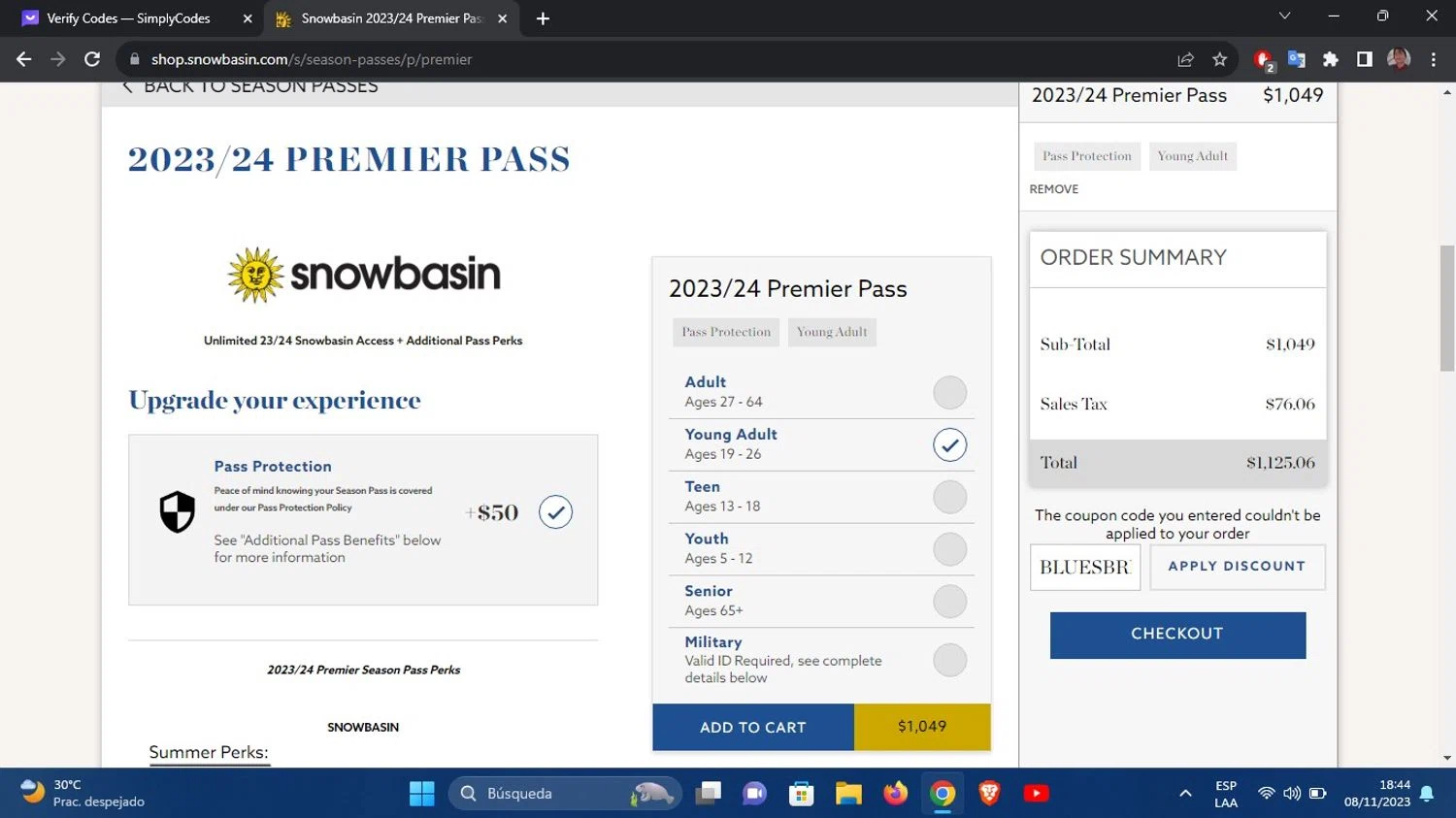 Snowbasin Resort checkout page showing Snowbasin Resort promo code box | Screenshot taken by SimplyCodes community member on Nov 8, 2023