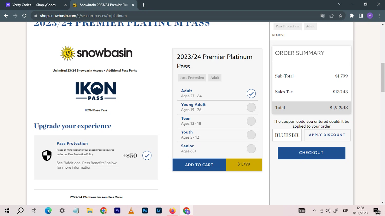 Snowbasin Resort checkout page showing Snowbasin Resort promo code box | Screenshot taken by SimplyCodes community member on Nov 8, 2023