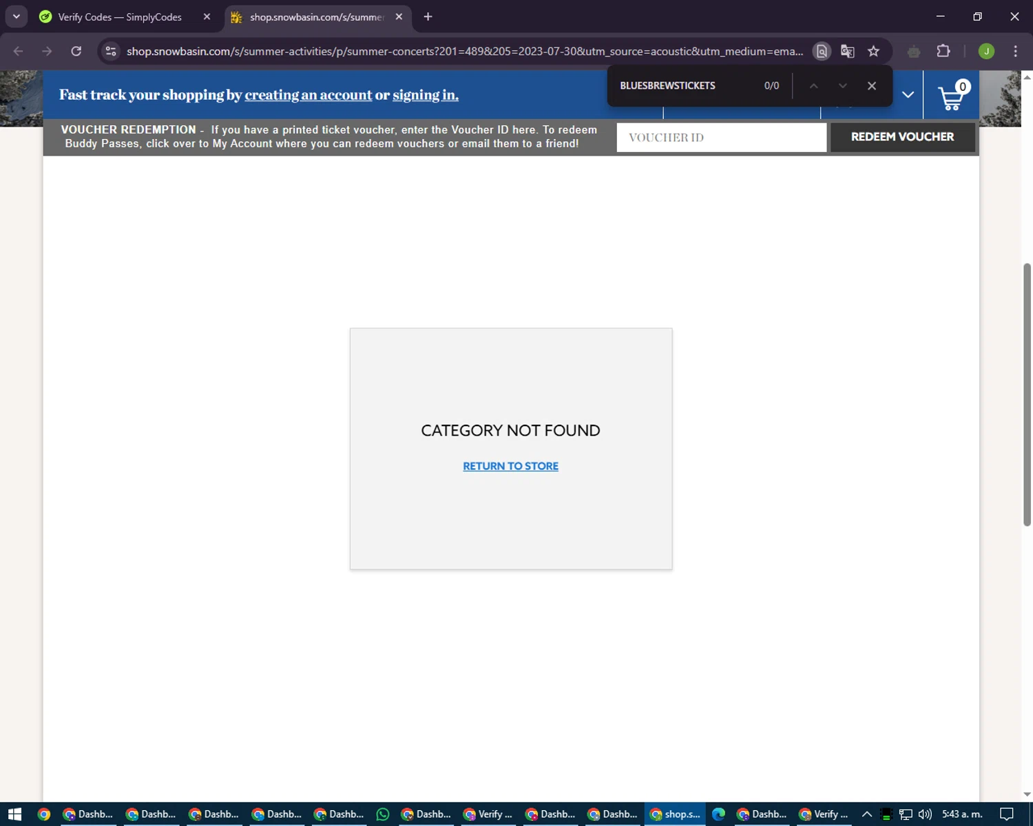 Snowbasin Resort promo code screenshot showing code BLUESBREWSTICKETS applied at Snowbasin Resort checkout page. Uploaded by SimplyCodes community member LilBaby on Mar 7, 2025