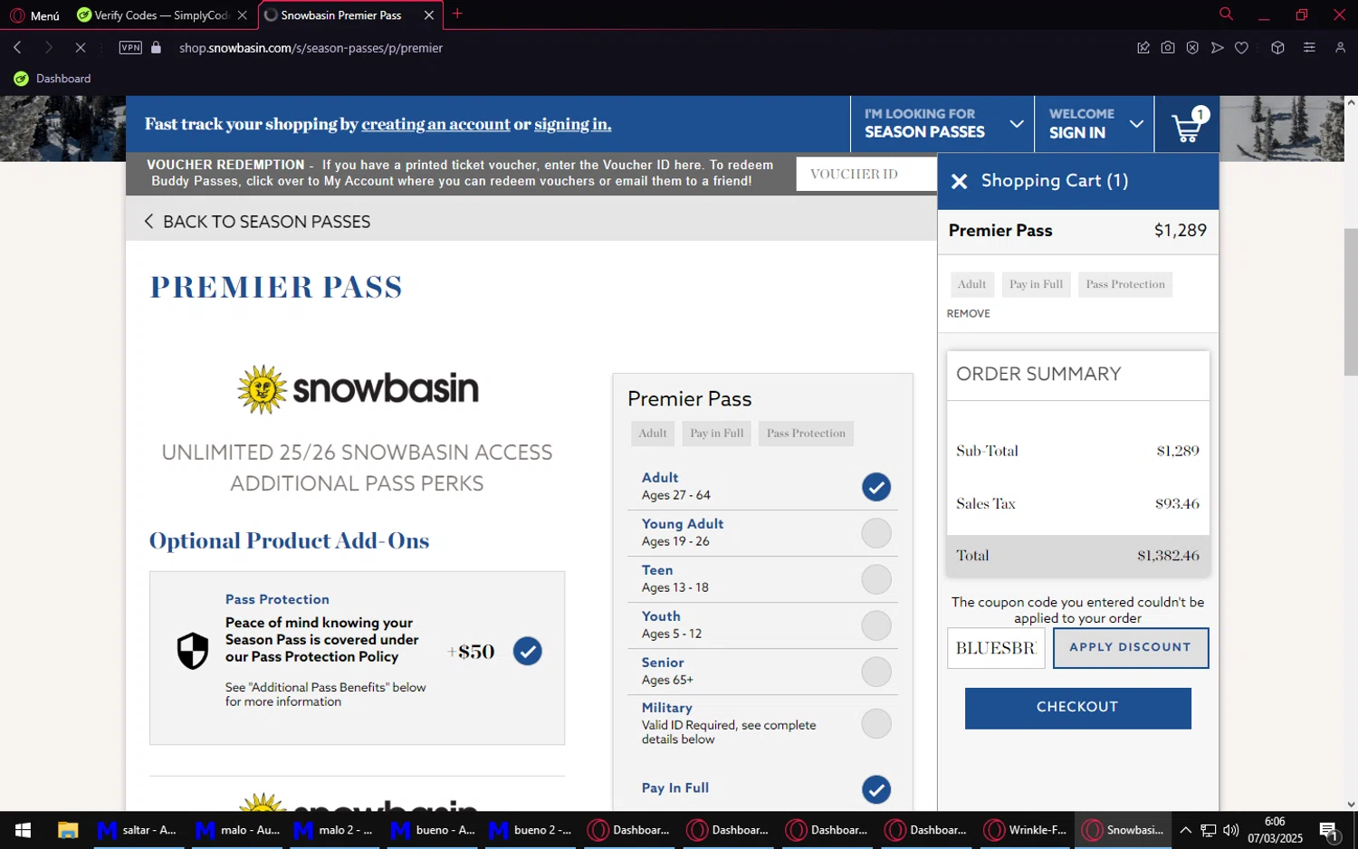 Snowbasin Resort promo code screenshot showing code BLUESBREWSTICKETS applied at Snowbasin Resort checkout page. Uploaded by SimplyCodes community member Purureche_en_banda on Mar 7, 2025