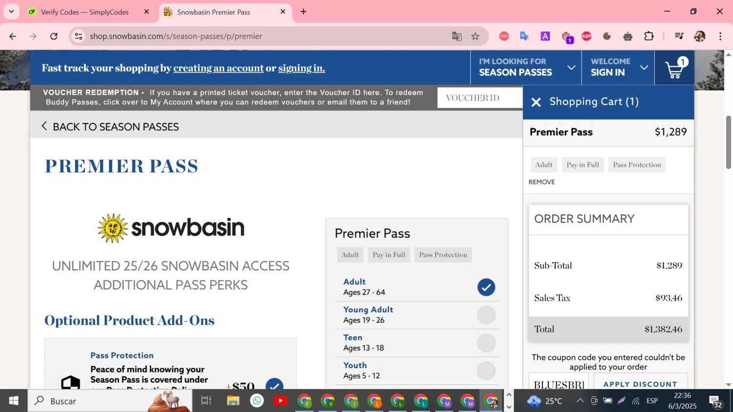Snowbasin Resort checkout page showing Snowbasin Resort promo code box | Screenshot taken by SimplyCodes community member on Mar 7, 2025