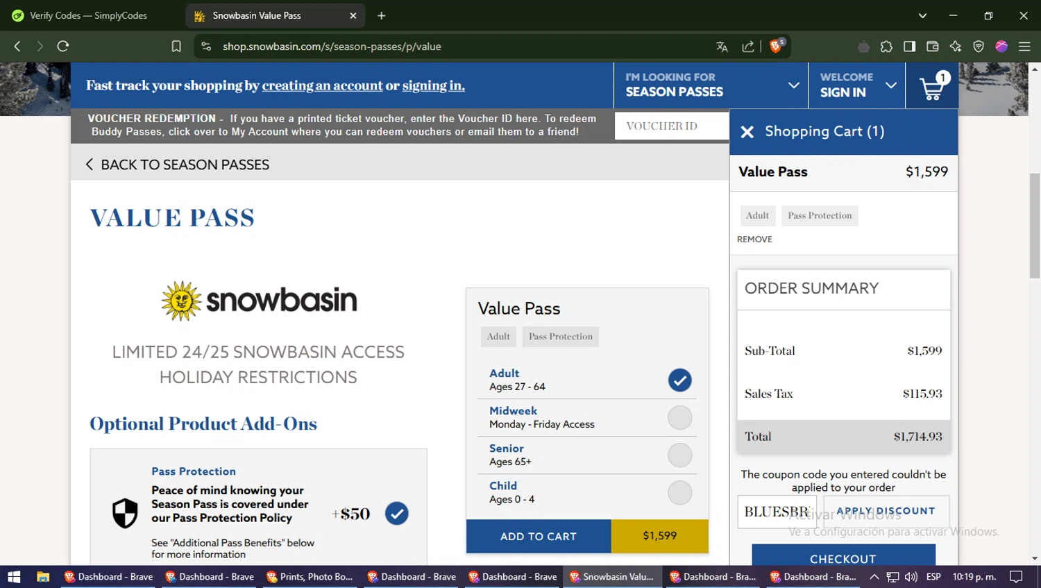 Snowbasin Resort checkout page showing Snowbasin Resort promo code box | Screenshot taken by SimplyCodes community member on Feb 25, 2025