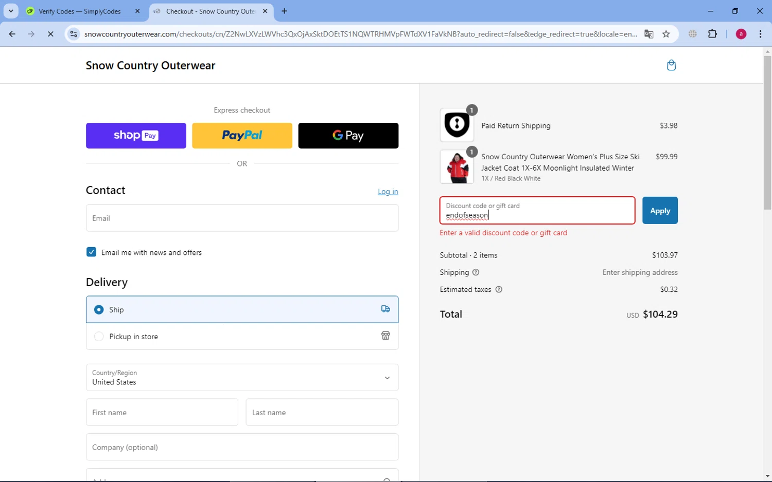 Snow Country Outerwear discount code screenshot showing code endofseason applied at Snow Country Outerwear checkout page. Uploaded by SimplyCodes community member dororotk on Feb 5, 2025