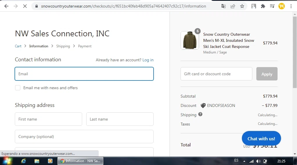 Snow Country Outerwear checkout page showing Snow Country Outerwear discount code box | Screenshot taken by SimplyCodes community member on Feb 25, 2022
