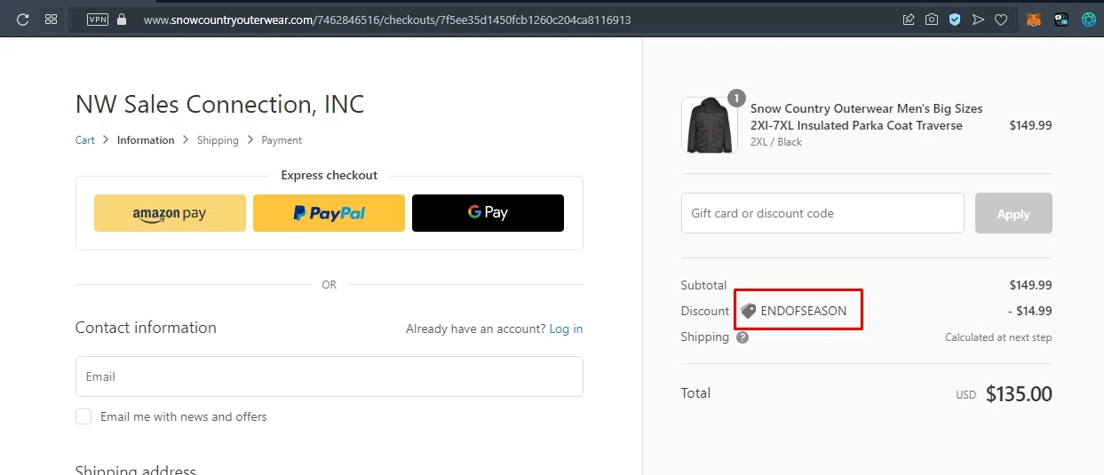 Snow Country Outerwear checkout page showing Snow Country Outerwear discount code box | Screenshot taken by SimplyCodes community member on May 27, 2022