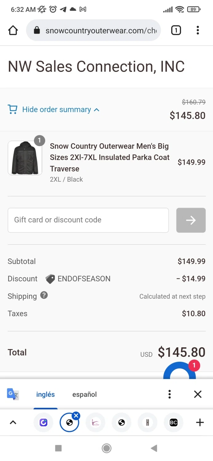Snow Country Outerwear checkout page showing Snow Country Outerwear discount code box | Screenshot taken by SimplyCodes community member on Feb 26, 2022
