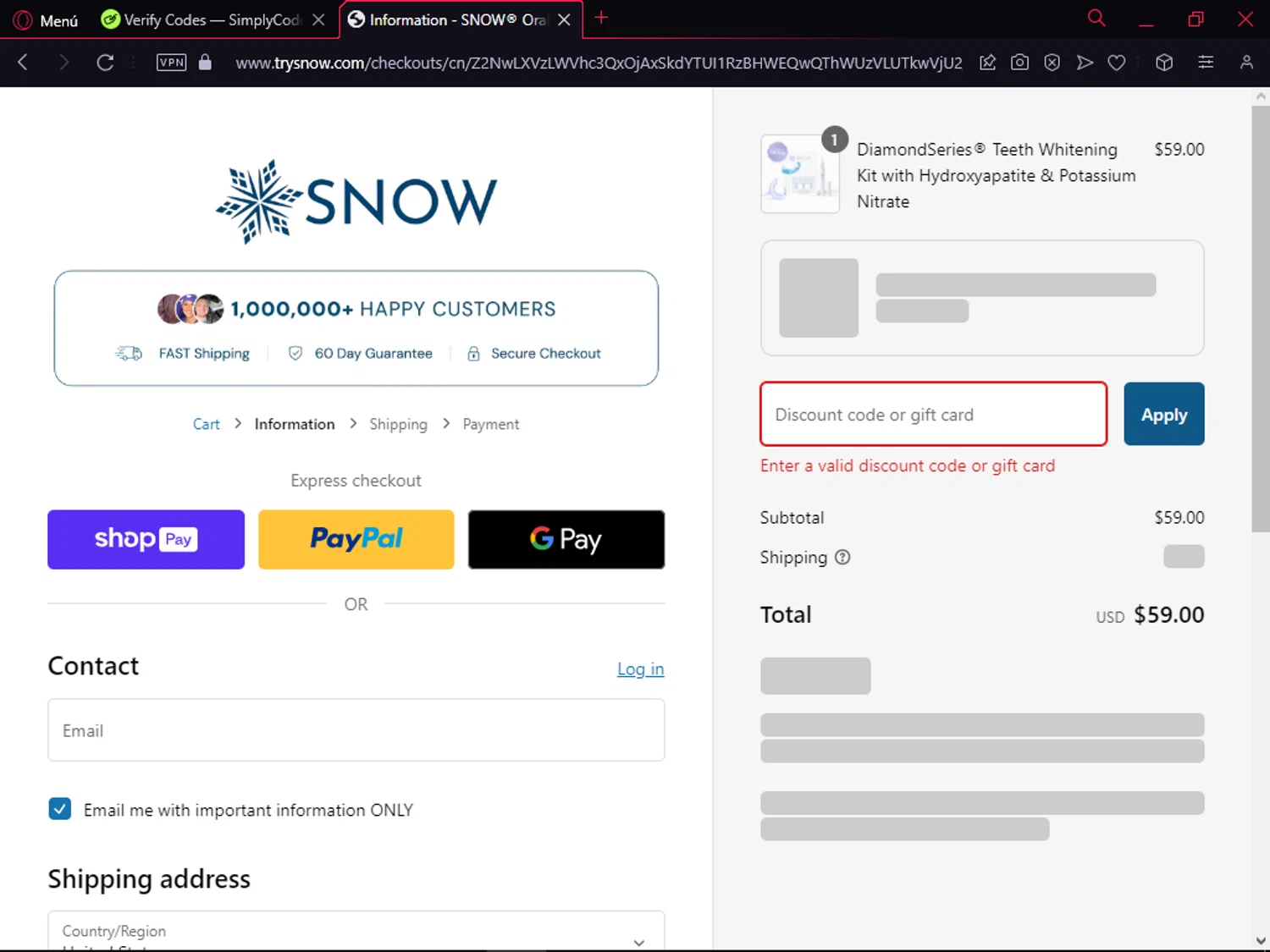 Snow.com discount code screenshot showing code snowing15 applied at Snow.com checkout page. Uploaded by SimplyCodes community member NobleCollector3799 on Jan 6, 2025