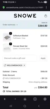 Welcomeback20 coupon verification screenshot