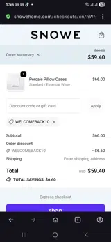 Welcomeback10 coupon verification screenshot