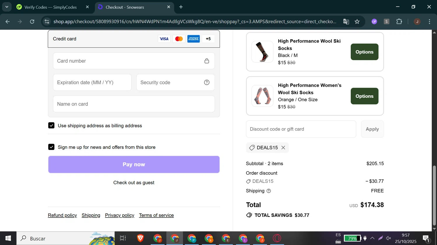 Snowears discount code screenshot showing code DEALS15 applied at Snowears checkout page. Uploaded by SimplyCodes community member Jeffersontorrealba on Oct 25, 2025