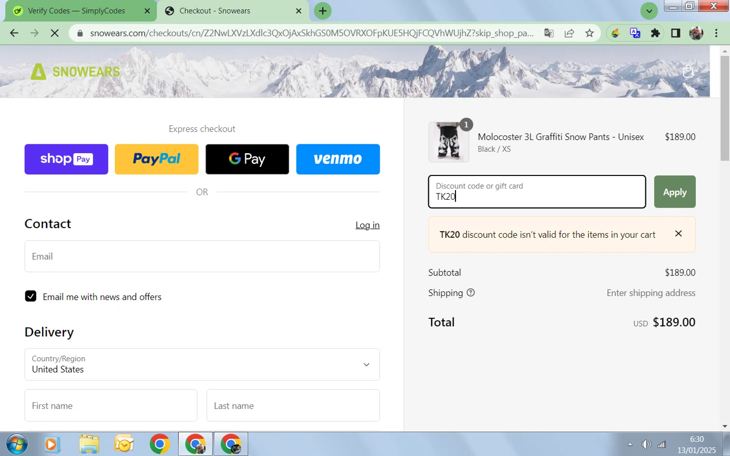 Snowears discount code screenshot showing code TK20 applied at Snowears checkout page. Uploaded by SimplyCodes community member Collug on Jan 13, 2025