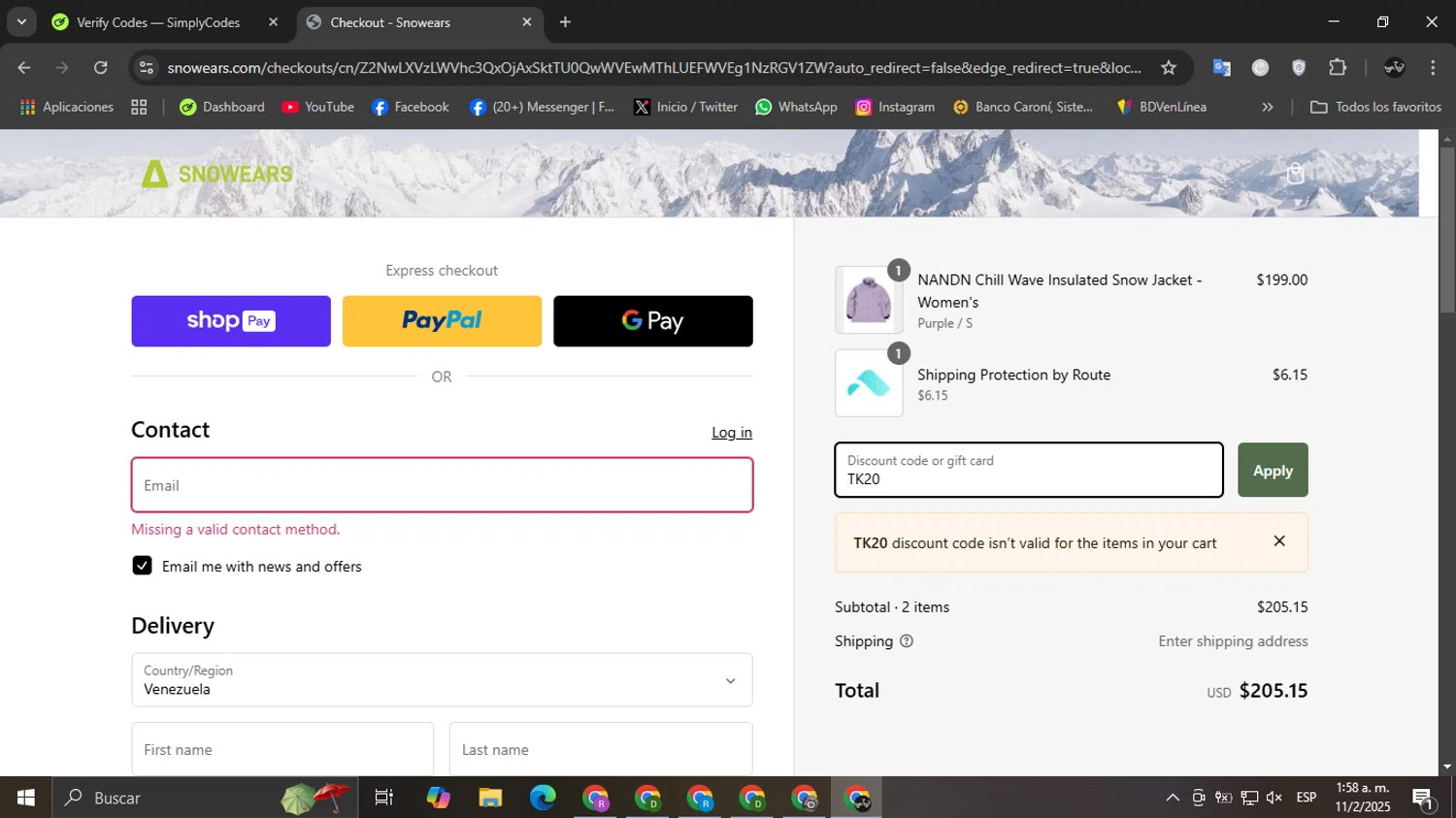 Snowears discount code screenshot showing code TK20 applied at Snowears checkout page. Uploaded by SimplyCodes community member Ricardobr06 on Feb 11, 2025