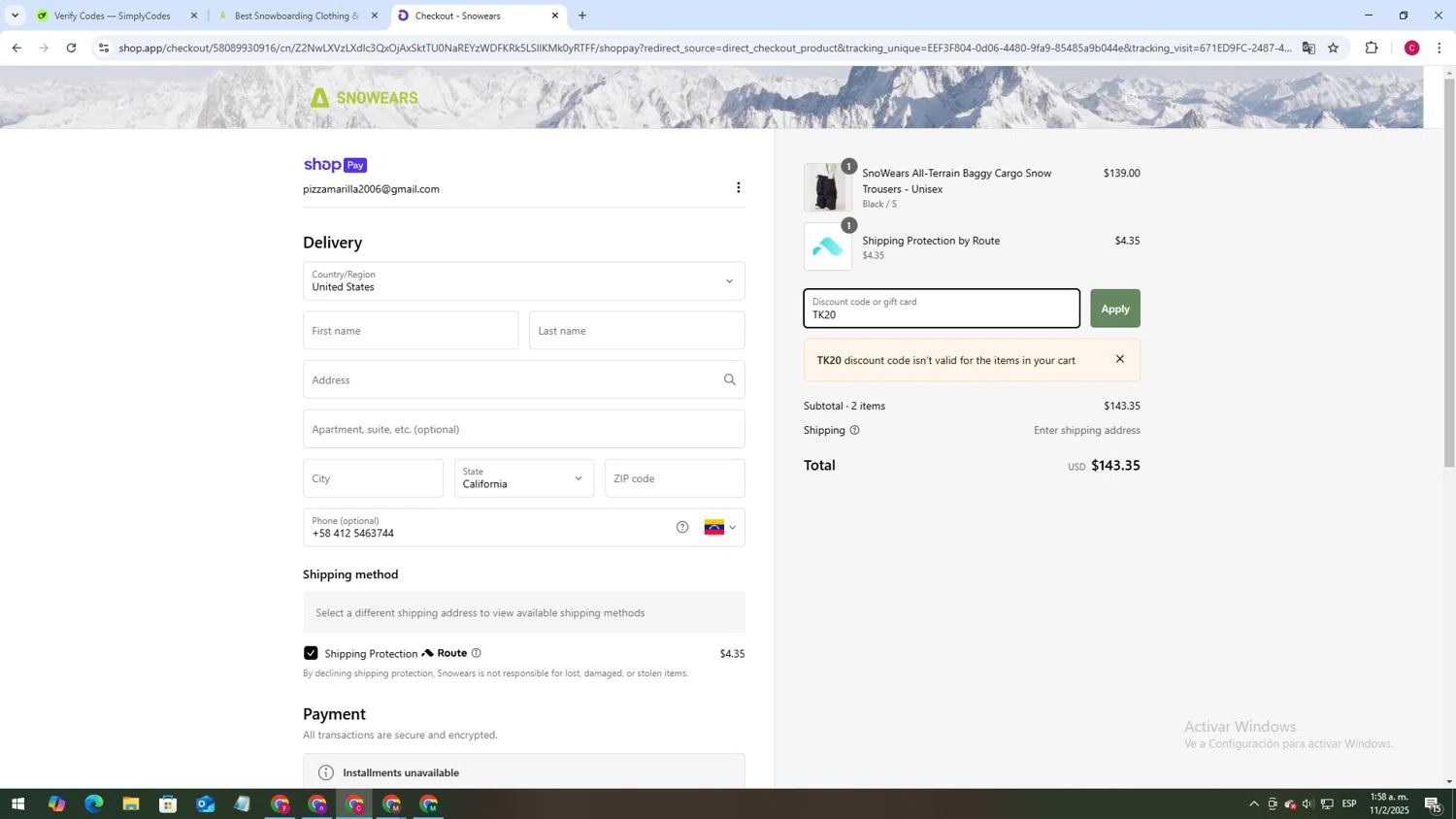Snowears discount code screenshot showing code TK20 applied at Snowears checkout page. Uploaded by SimplyCodes community member TOROREX250 on Feb 11, 2025