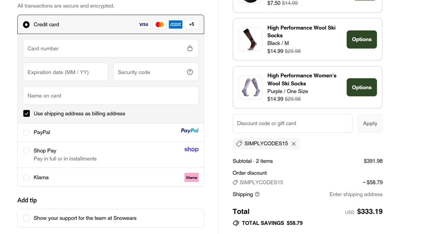 Snowears discount code screenshot showing code SIMPLYCODES15 applied at Snowears checkout page. Uploaded by SimplyCodes community member Jameszy on Sep 12, 2025