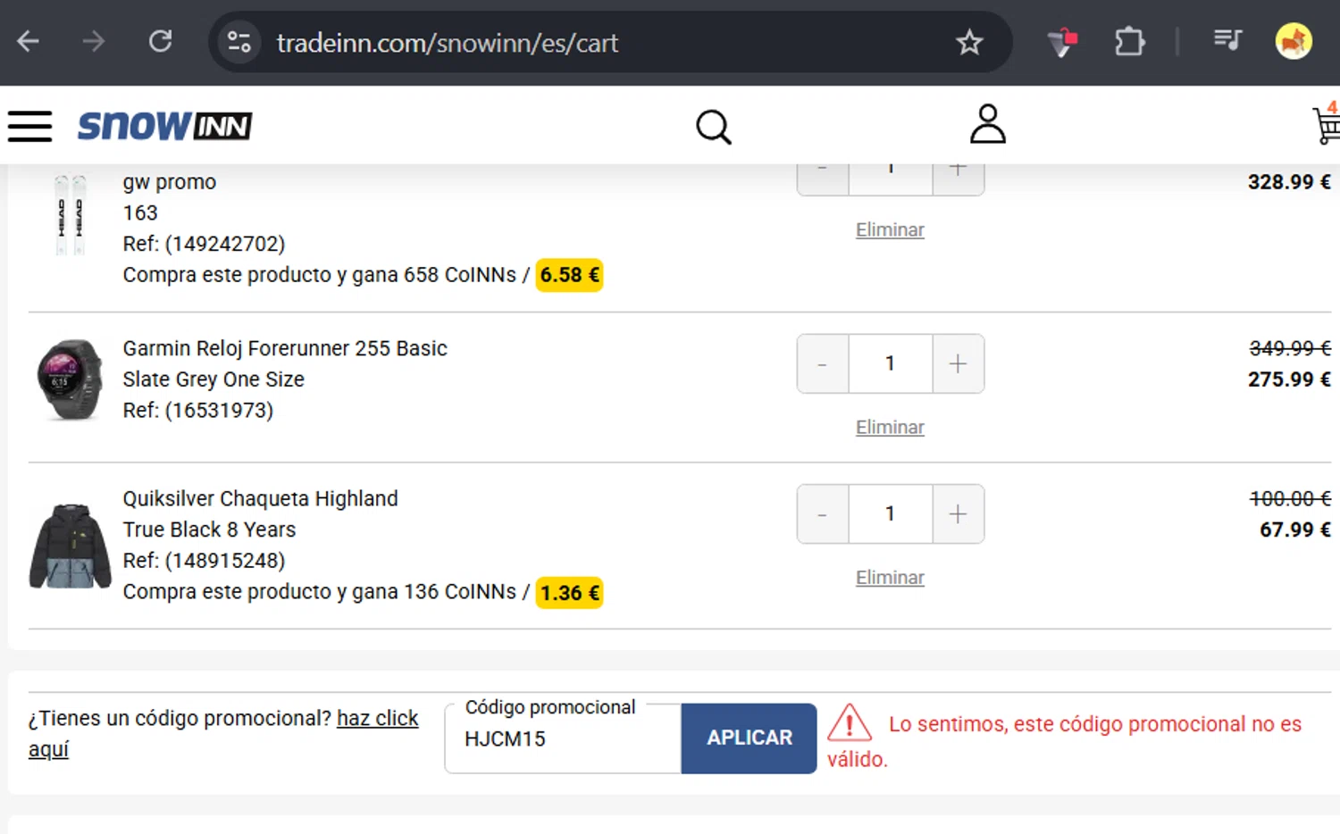 Snowinn promo code screenshot showing code HJCM15 applied at Snowinn checkout page. Uploaded by SimplyCodes community member RafaLB on Jan 2, 2026