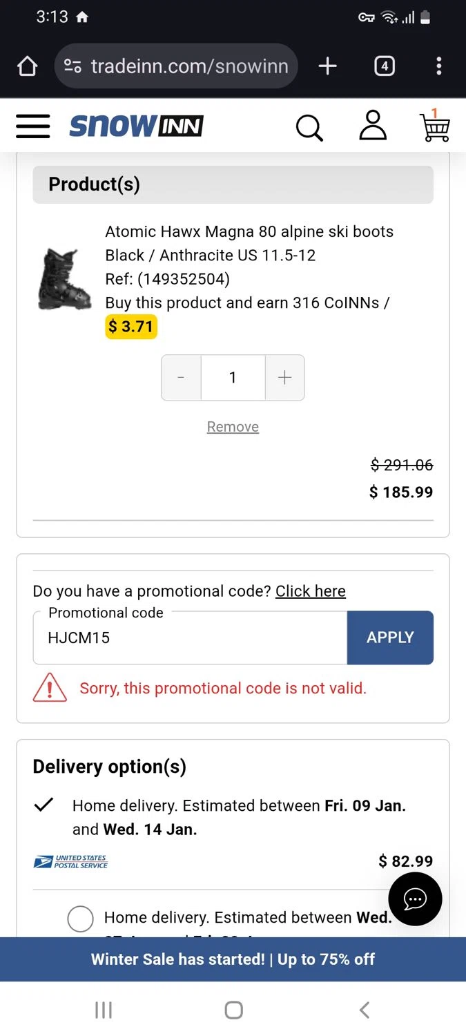 Snowinn promo code screenshot showing code HJCM15 applied at Snowinn checkout page. Uploaded by SimplyCodes community member tulioriera on Jan 2, 2026