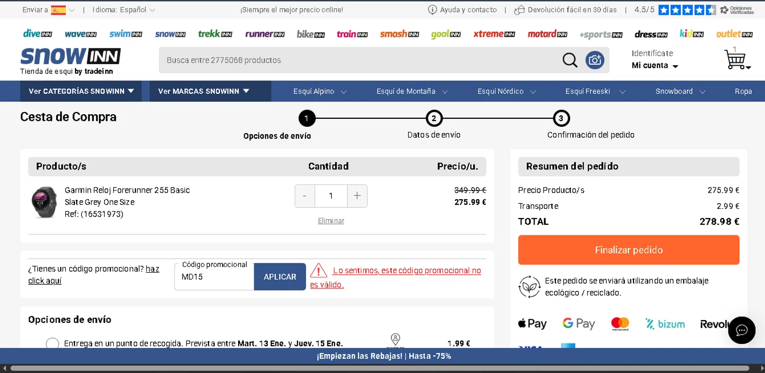 Snowinn promo code screenshot showing code MD15 applied at Snowinn checkout page. Uploaded by SimplyCodes community member PennySage5996 on Jan 3, 2026