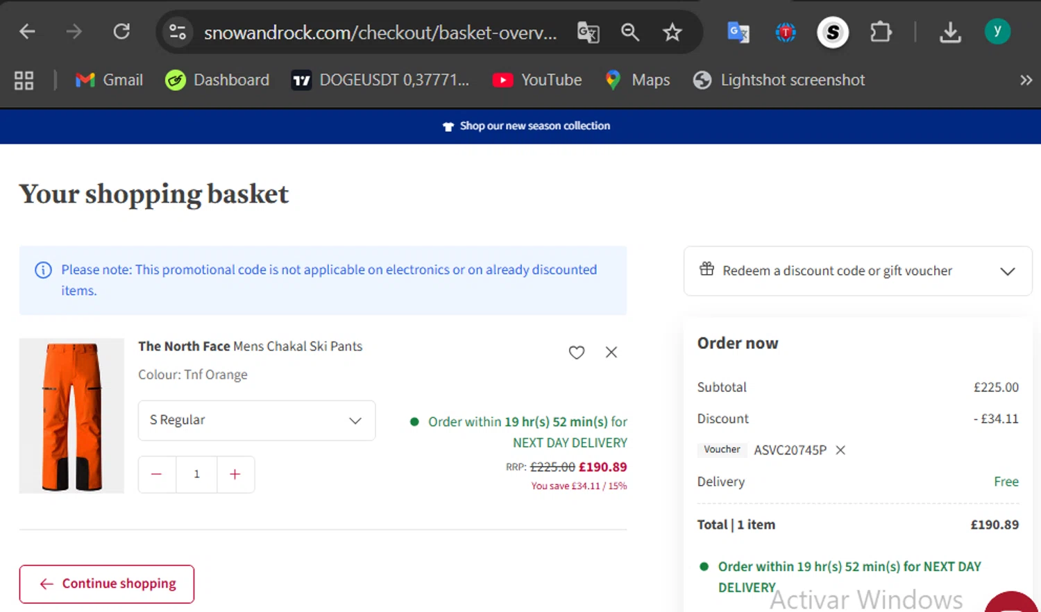 Snow+Rock promo code screenshot showing code ASVC20745P applied at Snow+Rock checkout page. Uploaded by SimplyCodes community member 502312 on Nov 20, 2025