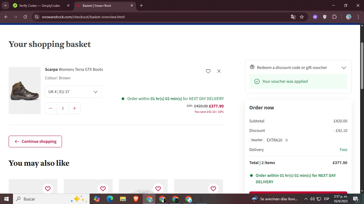 Snow+Rock promo code screenshot showing code EXTRA20 applied at Snow+Rock checkout page. Uploaded by SimplyCodes community member LegendaryPro7106 on Sep 16, 2025