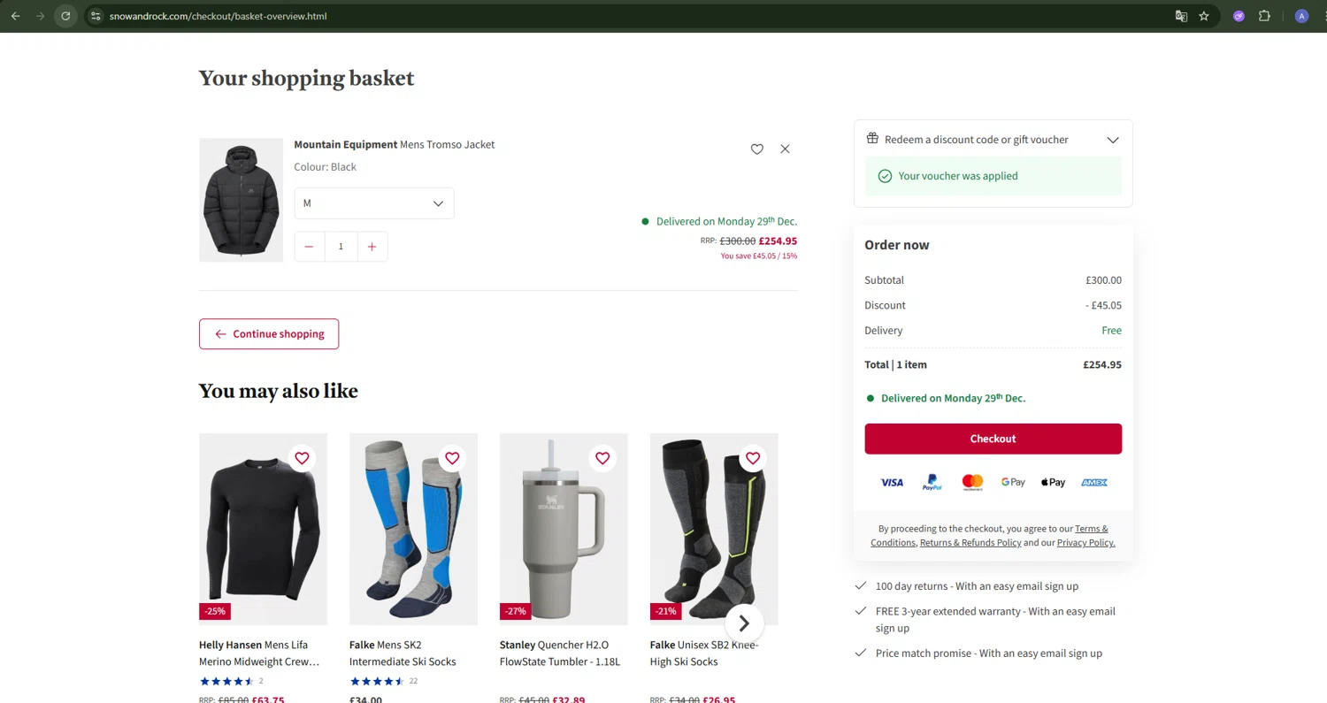 Snow+Rock promo code screenshot showing code AF-NT-H4K applied at Snow+Rock checkout page. Uploaded by SimplyCodes community member DealPioneer9231 on Dec 27, 2025