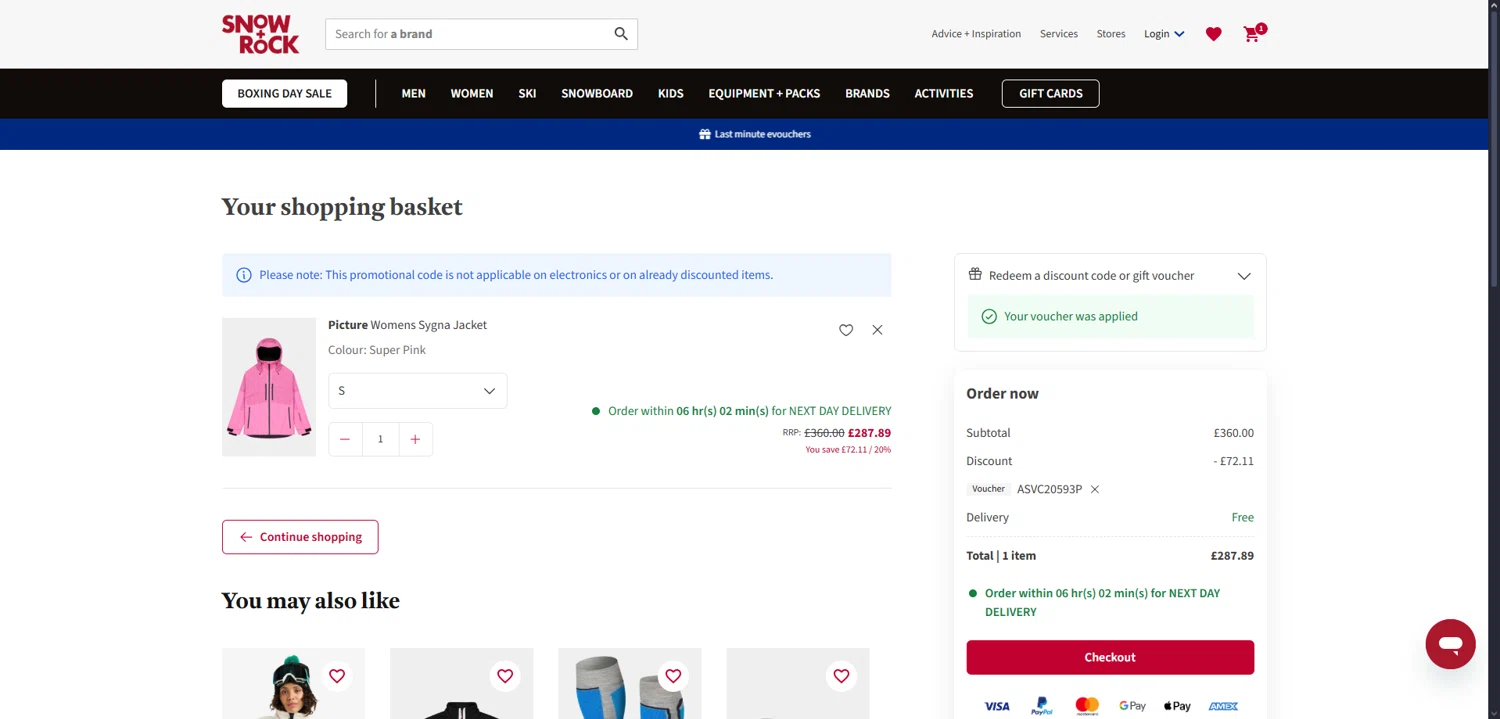 Snow+Rock promo code screenshot showing code ASVC20593P applied at Snow+Rock checkout page. Uploaded by SimplyCodes community member Dorothy on Dec 29, 2025