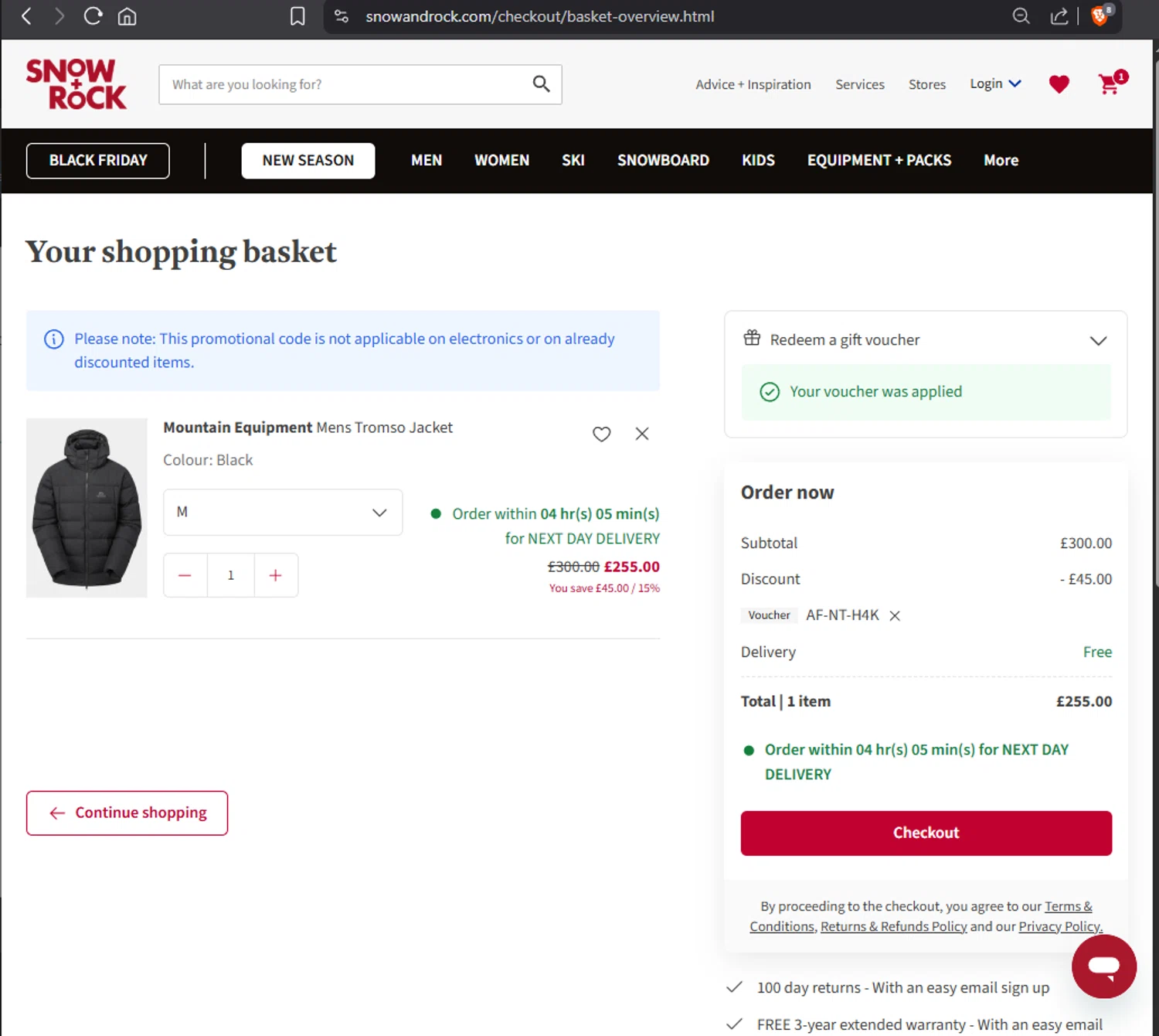 Snow+Rock promo code screenshot showing code AF-NT-H4K applied at Snow+Rock checkout page. Uploaded by SimplyCodes community member Jmhernand1 on Nov 9, 2025