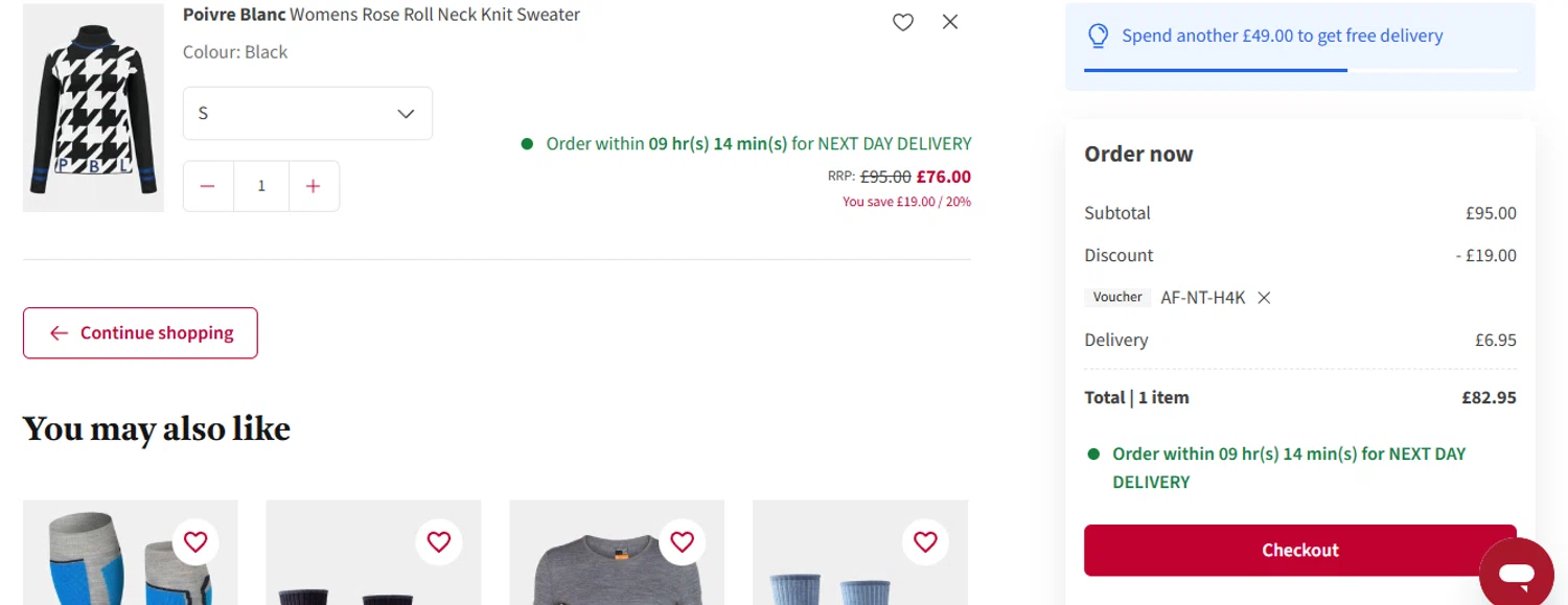 Snow+Rock promo code screenshot showing code AF-NT-H4K applied at Snow+Rock checkout page. Uploaded by SimplyCodes community member ashe1986 on Nov 20, 2025