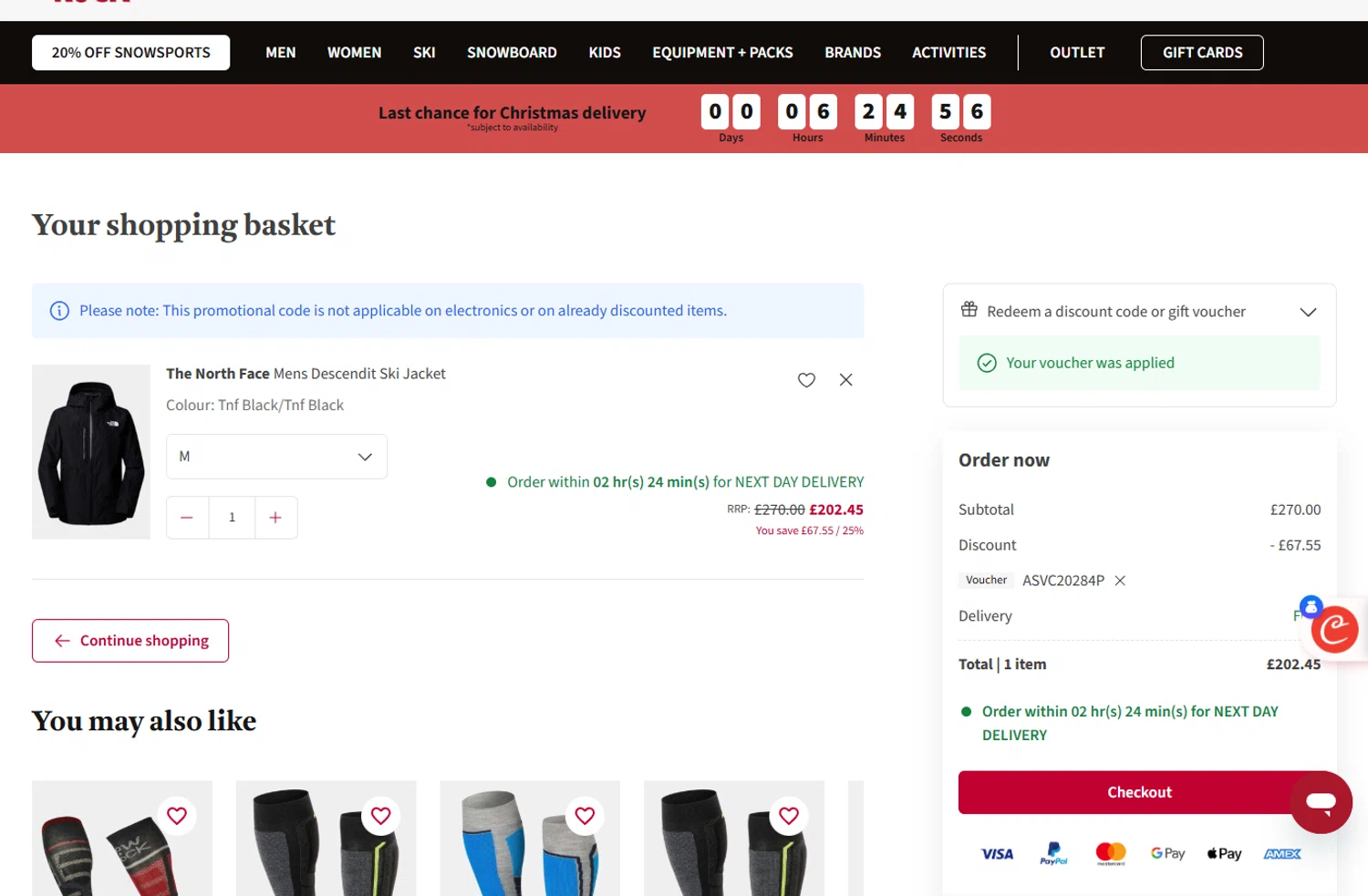 Snow+Rock promo code screenshot showing code ASVC20284P applied at Snow+Rock checkout page. Uploaded by SimplyCodes community member ivantorres on Dec 22, 2025