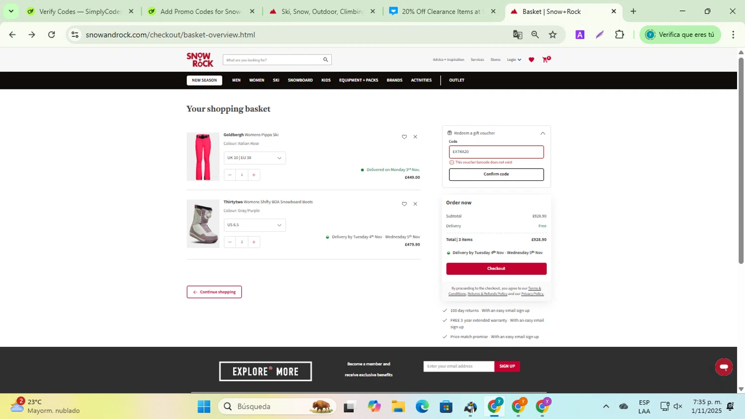 Snow+Rock promo code screenshot showing code EXTRA20 applied at Snow+Rock checkout page. Uploaded by SimplyCodes community member ycg487 on Nov 1, 2025